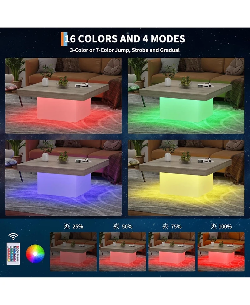 gaomon Square Coffee Table, 35 Inch Led Living Room Table, Modern Cocktail Table with Plug-in 16-Color Led Lights
