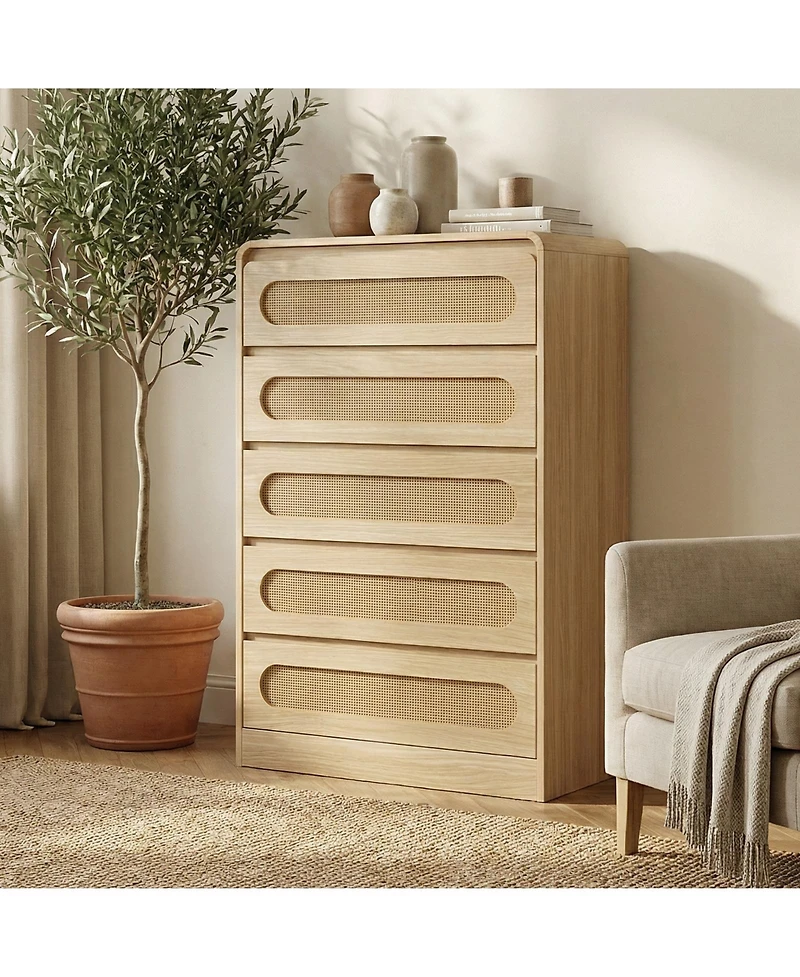 gaomon 5 Drawer Dresser, Farmhouse Wooden Vertical Dresser with Metal Handles, Modern Cabinet for Bedroom, Living Room