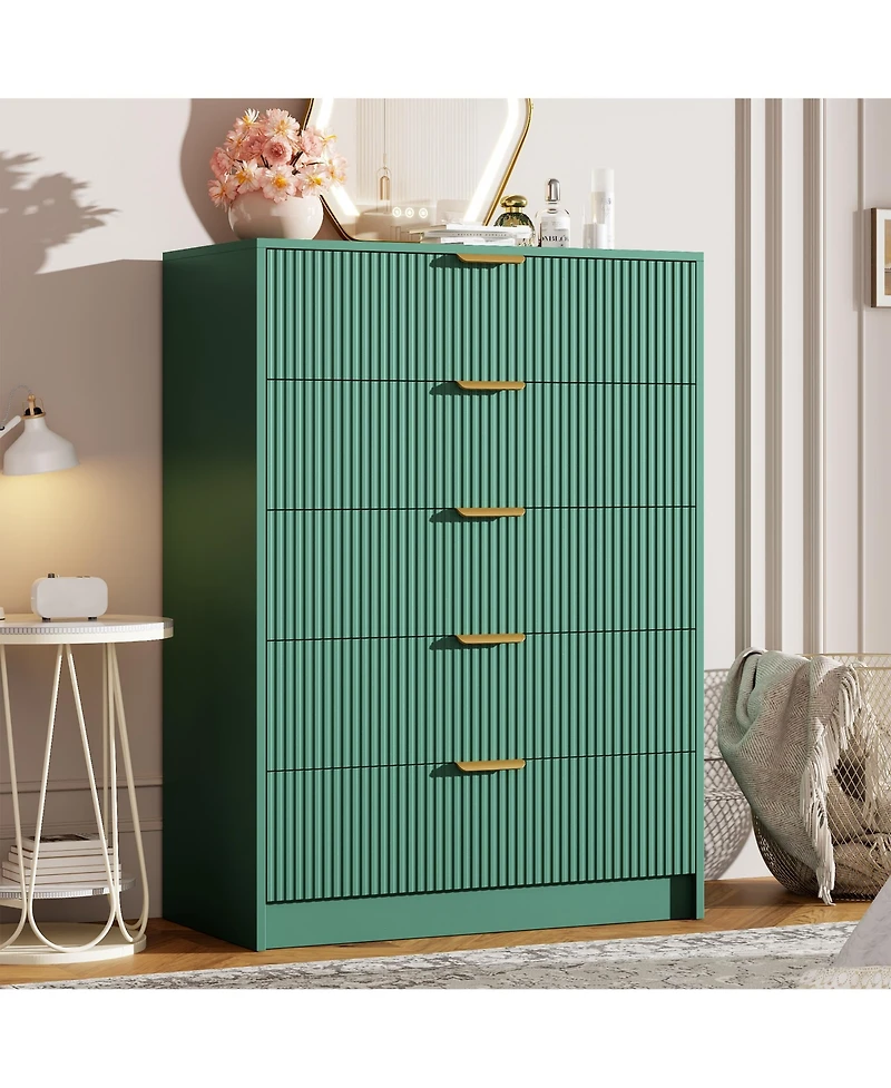gaomon Fluted 5 Drawers Dresser for Bedroom, Wide Modern Chest of Drawers with Metal Handles, For Living Room, Entryway, Hallway