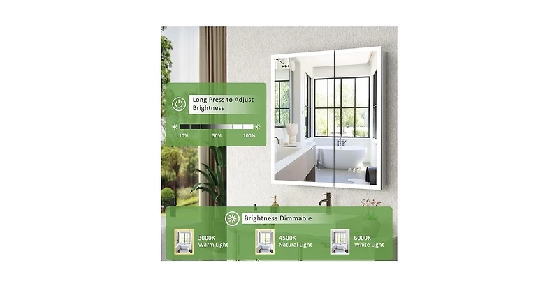 Casainc 30"W x 32"H Led Lighted Medicine Cabinet with Mirror, Anti-Fog Bathroom Mirror Cabinet