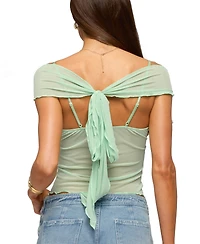 Edikted Women's Shoulder Tie Lacey Sheer Mesh Top