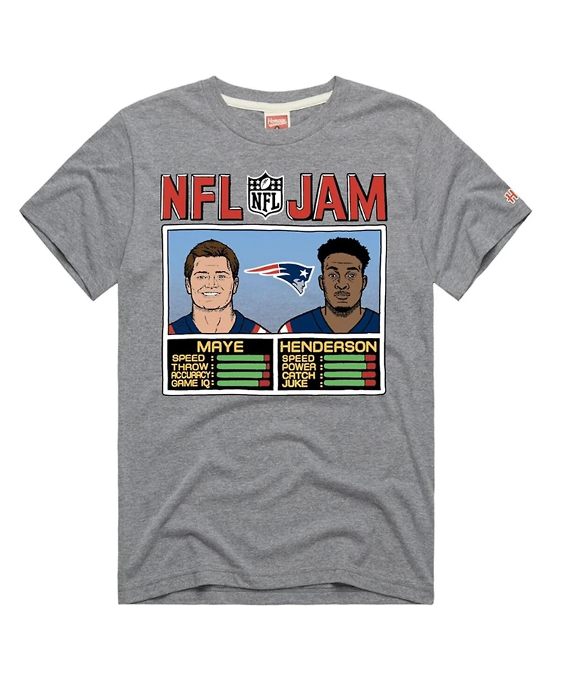 Homage Men's and Women's Drake Maye TreVeyon Henderson Gray New England Patriots Nfl Jam Tri-Blend T-Shirt