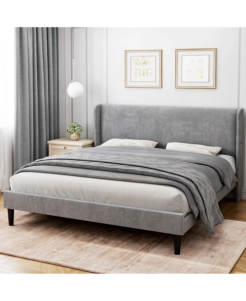 homfan Upholstered Platform Bed Frame with Wingback Headboard, 2 Storage Pockets, Wood Slat Support