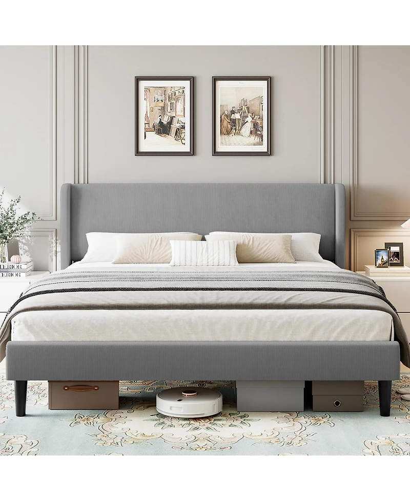 homfan Upholstered Platform Bed Frame with Wingback Headboard, 2 Storage Pockets, Wood Slat Support