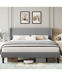 homfan Upholstered Platform Bed Frame with Wingback Headboard, 2 Storage Pockets, Wood Slat Support