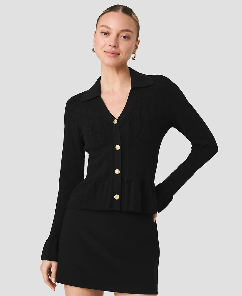 French Connection Women's Crinkle Knit Pointelle Long-Sleeve Top