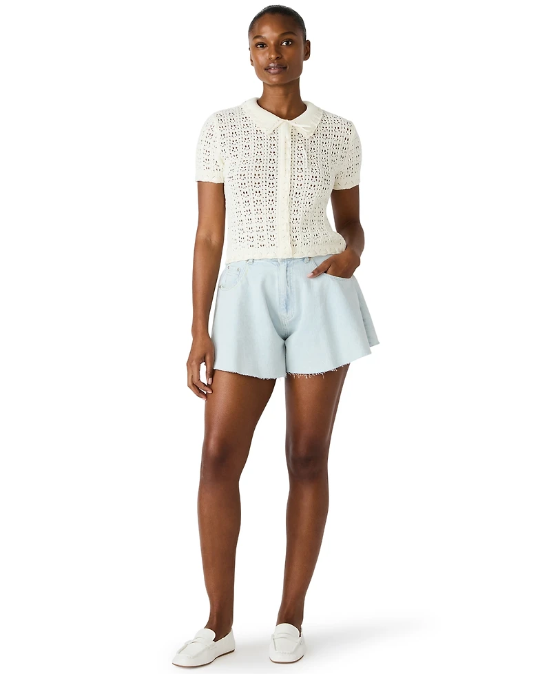 Steve Madden Women's Pointelle Ruffle Collared Cardigan