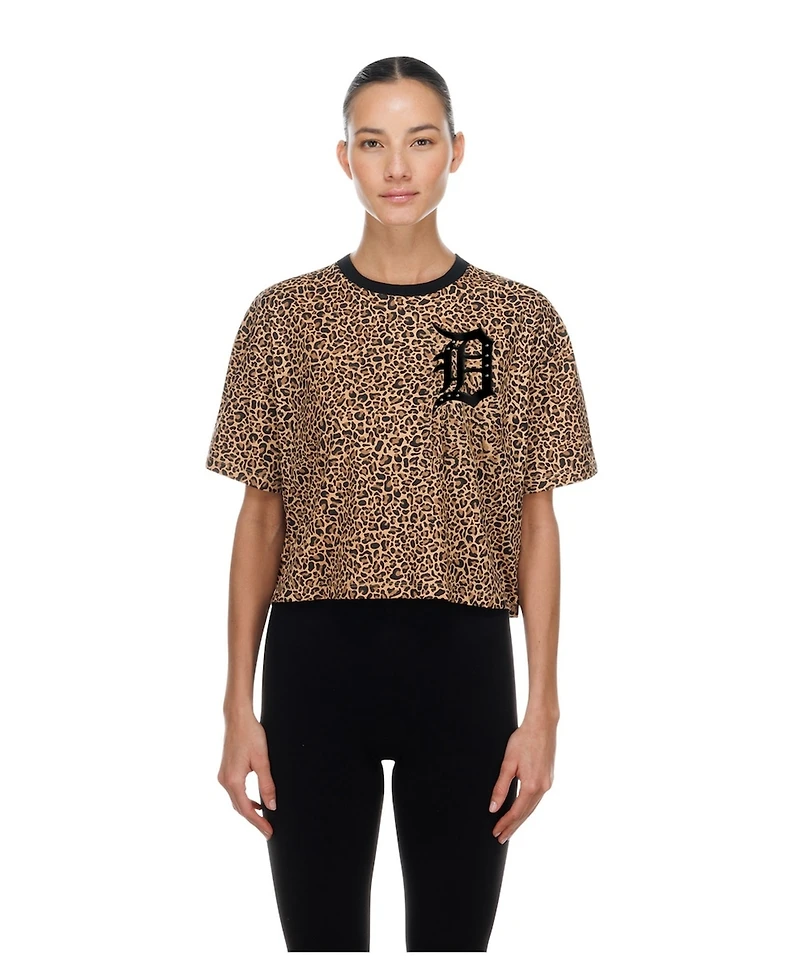 New Era Women's Brown Detroit Tigers Leopard Boxy Cropped T-Shirt