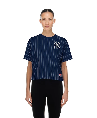 New Era Women's Navy York Yankees Throwback Meshback Pinstripe Boxy T-Shirt