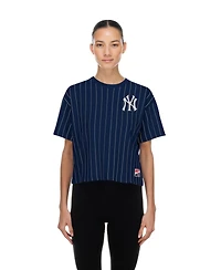 New Era Women's Navy New York Yankees Throwback Meshback Pinstripe Boxy T-Shirt