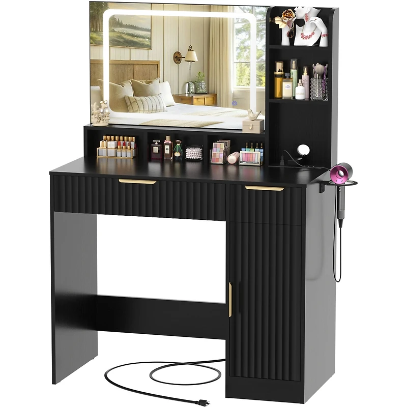 Aheaplus Vanity Desk with Mirror and 3 Color Lights, Makeup Drawers