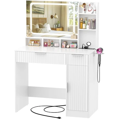 Aheaplus Vanity Desk with Mirror and 3 Color Lights, Makeup Drawers