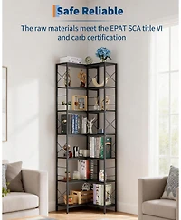 gaomon 7 Tier Industrial Corner Bookshelf Wood and Metal Frame Large Bookcase, Freestanding Display Shelf for Living Room, Kitchen, Home Office