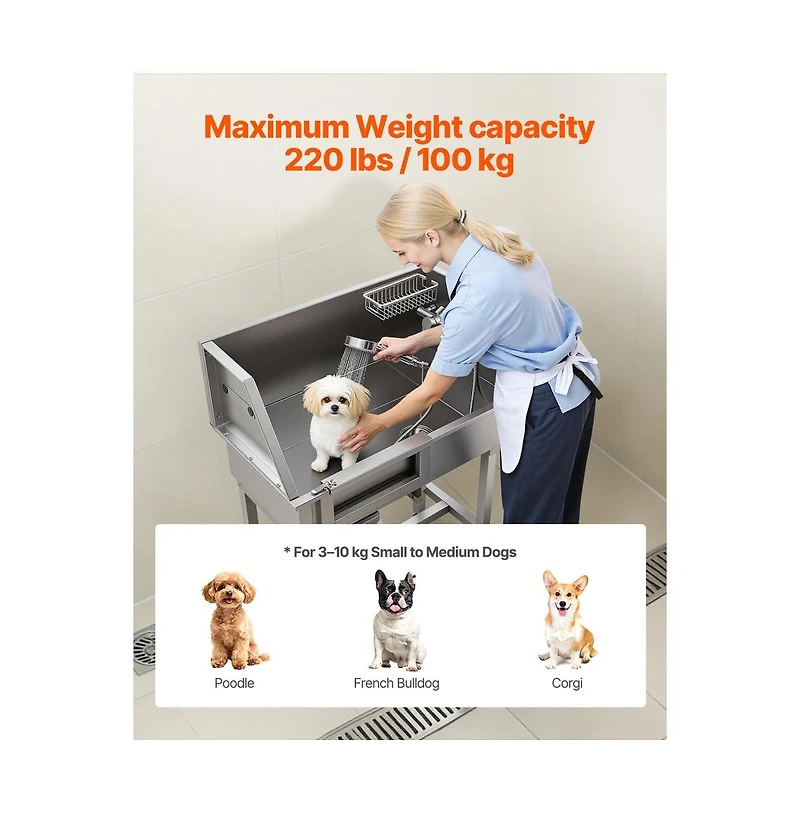 Ruie 34 inch Stainless Steel Dog Grooming Bathtub with Non Slip Stairs and Faucet Left Door