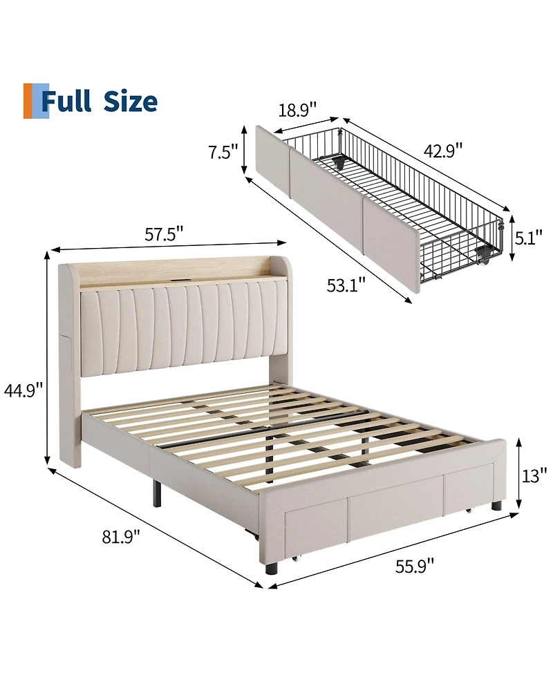homfan Upholstered Bed Frame with Storage Headboard, Charging Station, Underbed Drawers, Wood Slat Support, No Box Spring Needed