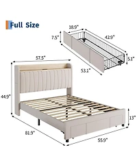 homfan Upholstered Bed Frame with Storage Headboard, Charging Station, Underbed Drawers, Wood Slat Support, No Box Spring Needed