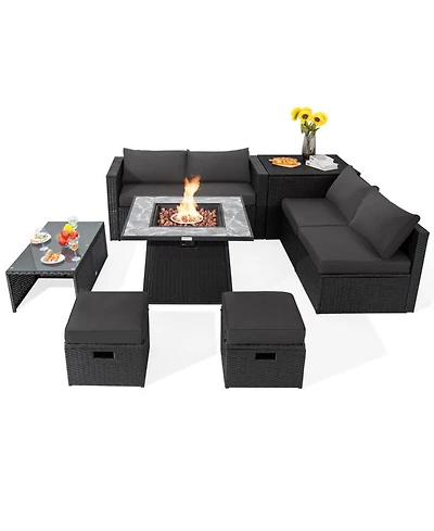 Gouun 9 Piece Outdoor Wicker Sectional Conversation Set with 35 50000 Btu Gas Fire Pit Table
