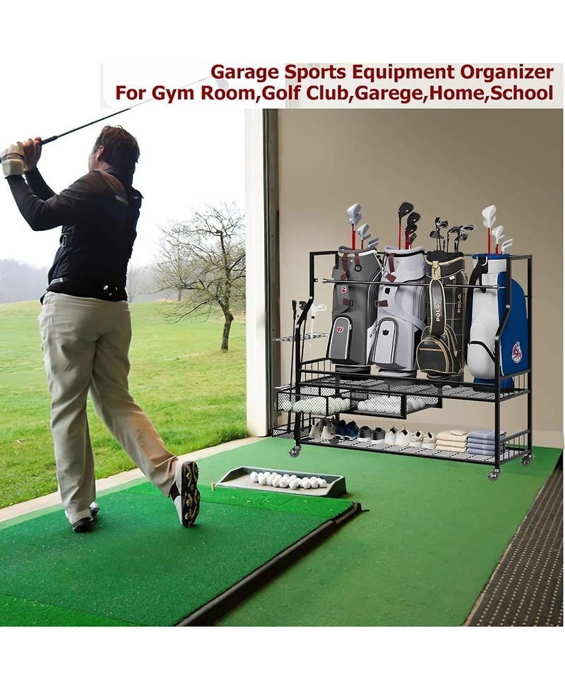 Xo Golf Bag Storage Rack with Wheels, Heavy Duty Golf Organizer for 4-5 Bags, Rolling Storage Cart for Garage Basement Golf Equipment