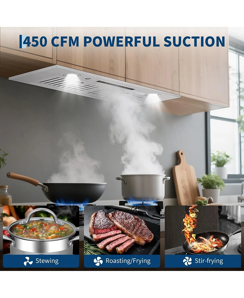 Xo Powerful 450 Cfm Built-In Range Hood Insert - 3-Speed Touch and Gesture Control - Remote