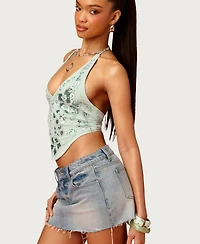 Edikted Women's Barbie Floral Bead and Sequin Mesh Top