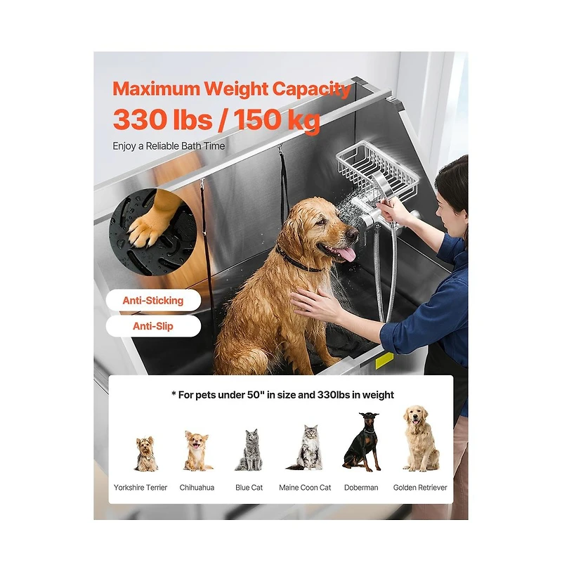 Ruie Electric Lift Dog Grooming Tub 50 inch Stainless Steel with Drain Board Right Door