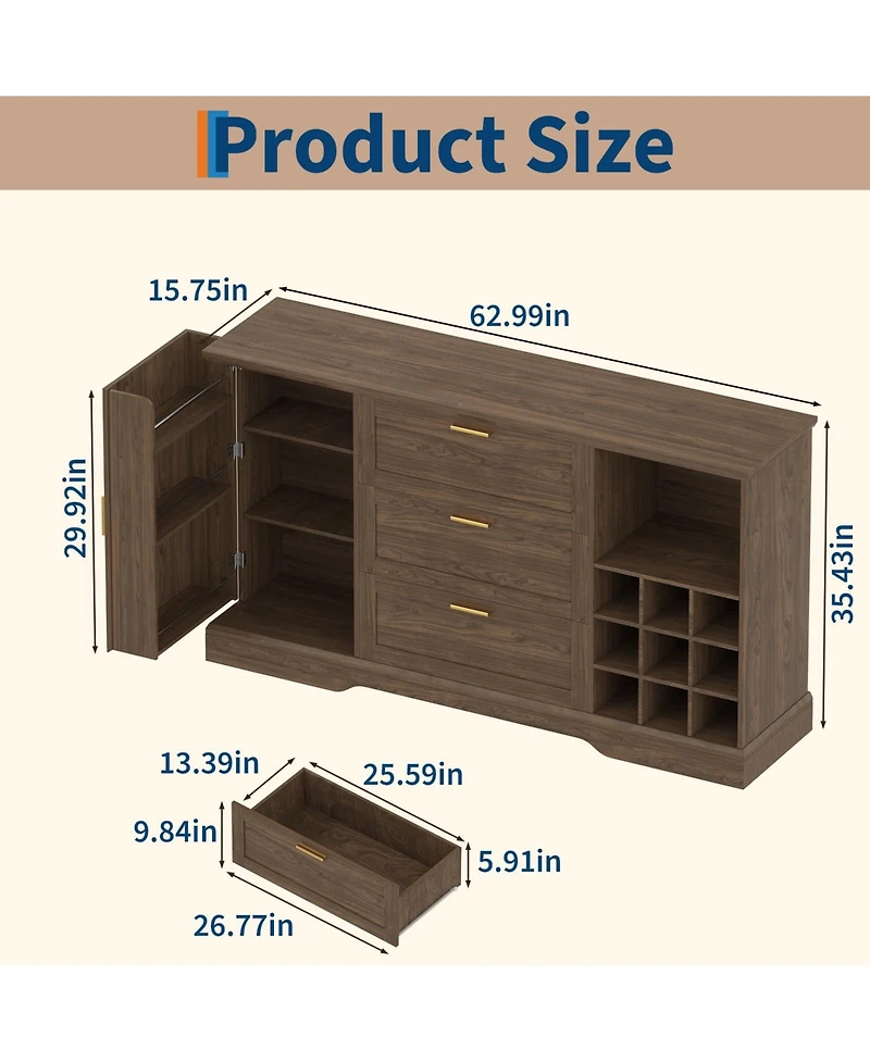 gaomon 63 Inch Farmhouse Sideboard with Wine Racks, Mdf Buffet Cabinet, Drawer and Adjustable Shelves, for Kitchen Dining Room