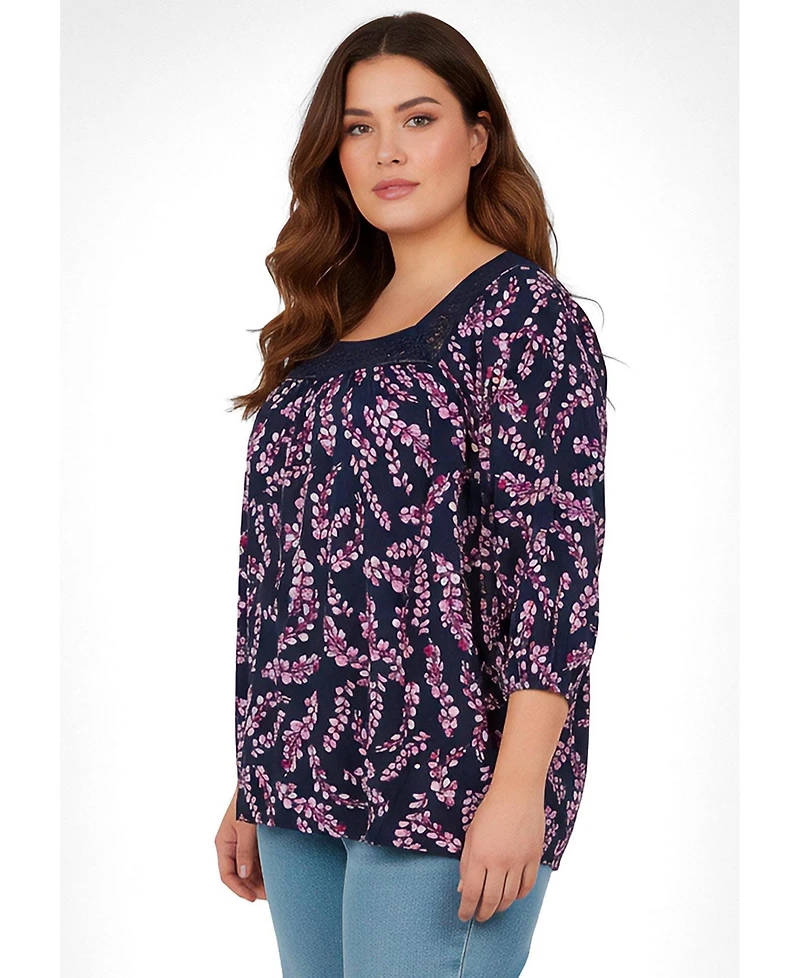 Avenue Women's Plus Lace Neckline Peasant Blouse