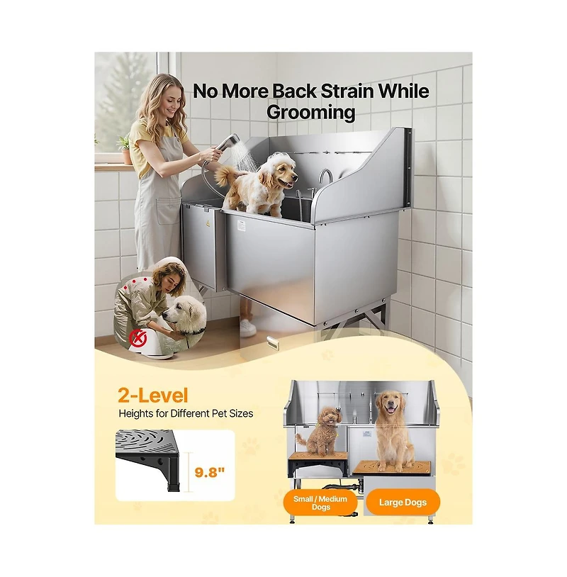 Ruie 61 inch 304 Stainless Steel Dog Washing Station Low Slope Ramp Storage