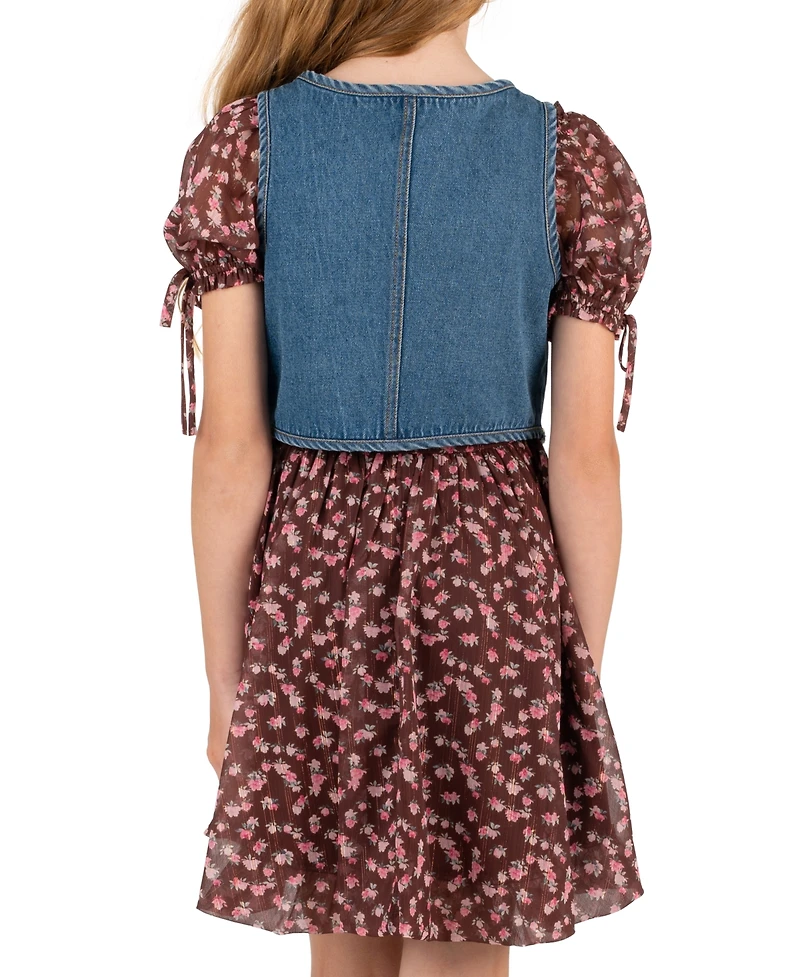 Rare Editions Girls' 7-16 Vest and Printed Puff Sleeves Smocked Dress, 2-Piece Set