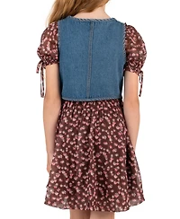 Rare Editions Girls' 7-16 Vest and Printed Puff Sleeves Smocked Dress, 2-Piece Set