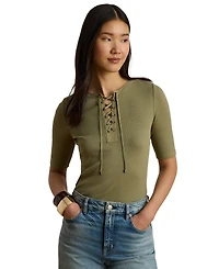 Lauren Ralph Petite Crewneck Lace-Up Ribbed Elbow-Sleeve T-Shirt