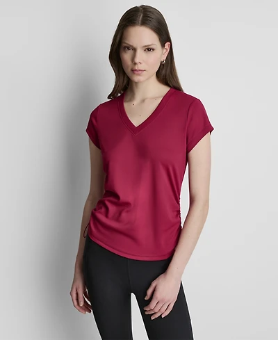 Dkny Sport Women's Ruched Side Seams V-Neck Tech T-Shirt