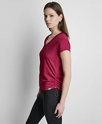 Dkny Sport Women's Ruched Side Seams V-Neck Tech T-Shirt