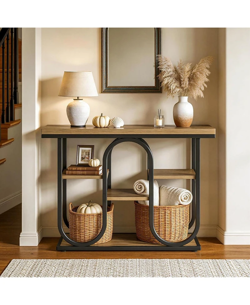 Tribesigns 4-Tier Industrial Console Table, 41.3'' Rustic Entryway Table with Open Shelves and Metal Frame