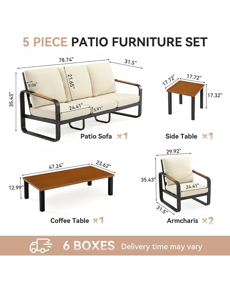 Tribesigns 5-Piece Outdoor Patio Furniture Set with 2 Chairs, 1 3-Seater Sofa, Coffee Table and Side