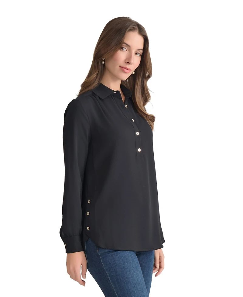 Long Sleeve Shirttail Side Button Popover Tunic