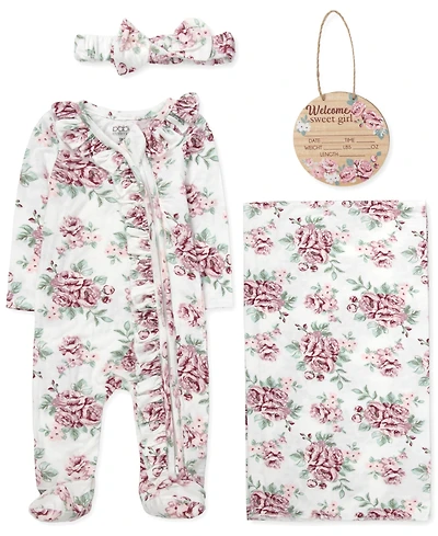 Baby Essentials Girls' Floral Print Coverall, Blanket, Headband and Wood Sign, 4-Piece Set