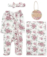 Baby Essentials Girls' Floral Print Coverall, Blanket, Headband and Wood Sign, 4-Piece Set