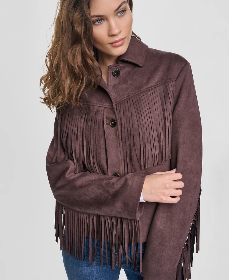 Dkny Jeans Women's Fringe Detail Collared Button-Front Jacket