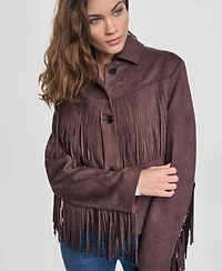 Dkny Jeans Women's Fringe Detail Collared Button-Front Jacket