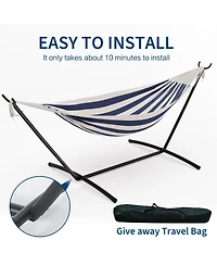 gaomon Double Hammock with Foldable Steel Stand and Carry Bag, Weight Capacity Indoor Outdoor Standing Hammock, Portable Cotton