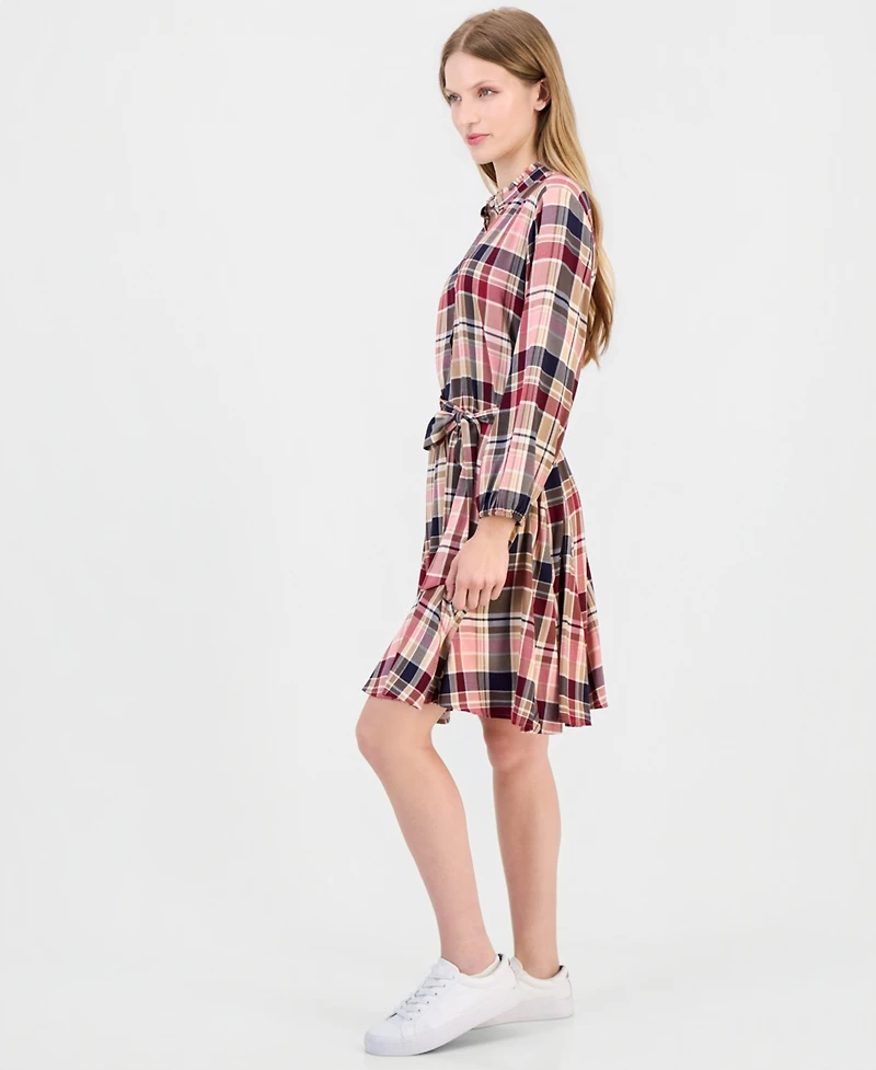 Nautica Women's Plaid Ruffled-Neckline Long-Sleeve Shirtdress