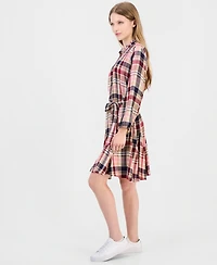 Nautica Women's Plaid Ruffled-Neckline Long-Sleeve Shirtdress