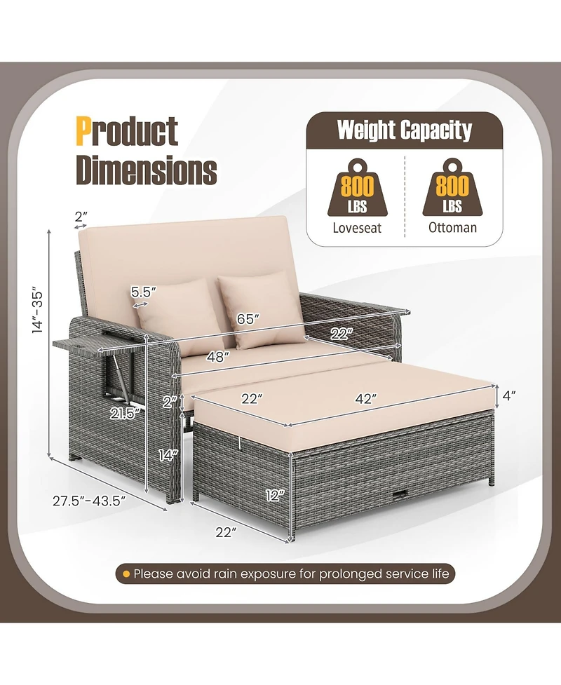Gymax Rattan Daybed Loveseat Sofa Set with Ottoman and Retractable Side Tray, Patio Furniture