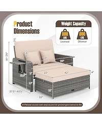 Gymax Rattan Daybed Loveseat Sofa Set with Ottoman and Retractable Side Tray, Patio Furniture
