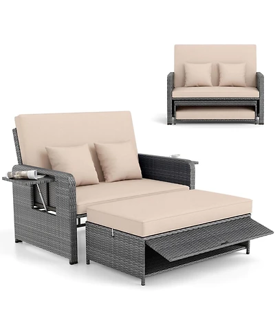 Gymax Rattan Daybed Loveseat Sofa Set with Ottoman and Retractable Side Tray, Patio Furniture
