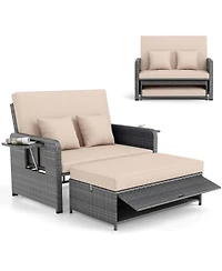 Gymax Rattan Daybed Loveseat Sofa Set with Ottoman and Retractable Side Tray, Patio Furniture