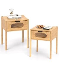 Gymax 2PCS Bamboo Nightstand Farmhouse Bedside Table w/ Tempered Glass Decorated Drawer