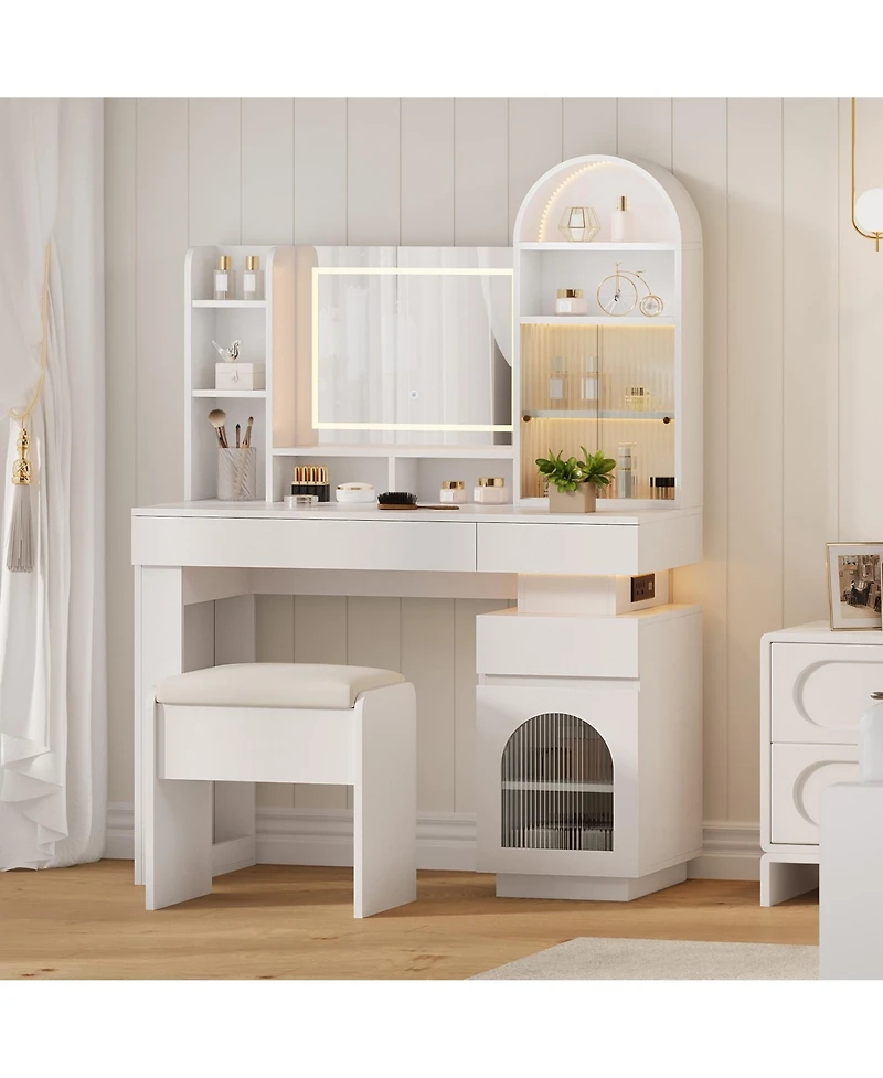gaomon Vanity Desk with Lighted Mirror, 3 Drawers, 11 Shelves, Stool, Power Outlet, for Bedroom