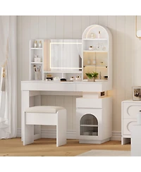 gaomon Vanity Desk with Lighted Mirror, 3 Drawers, 11 Shelves, Stool, Power Outlet, for Bedroom